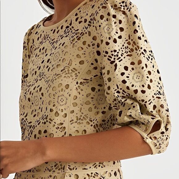 Lauren Ralph Lauren Women's Sz 10 Beige Lamb Leather Peplum Cutout Blouse $395 - Picture 13 of 13